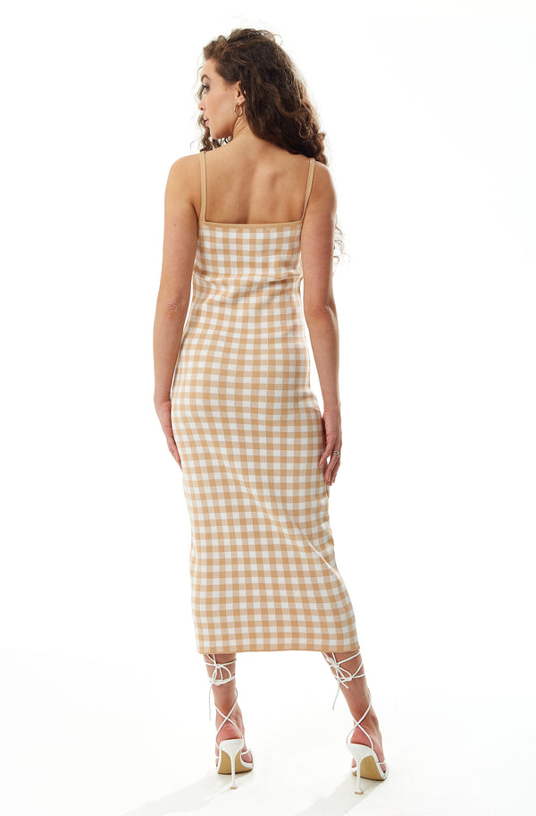 Liquorish Women's Midi Dress In Cream And White Check - Sleeveless Flattering Fitted Style Timeless Pattern