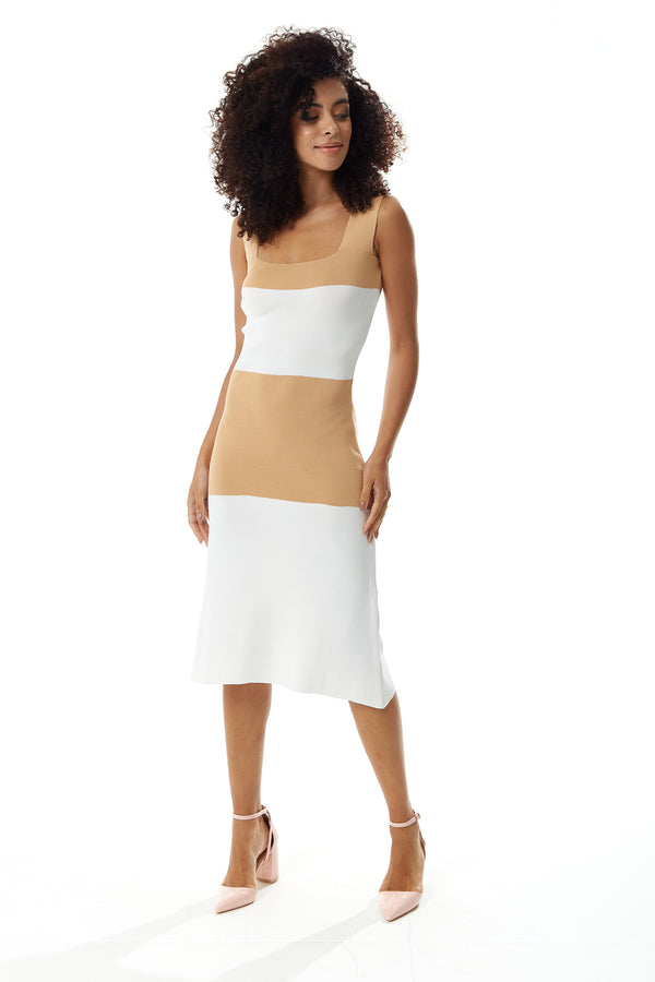 Liquorish Women's Midi Dress In Cream And White Sleeveless Fitted Style With Square Neck - Liquorish