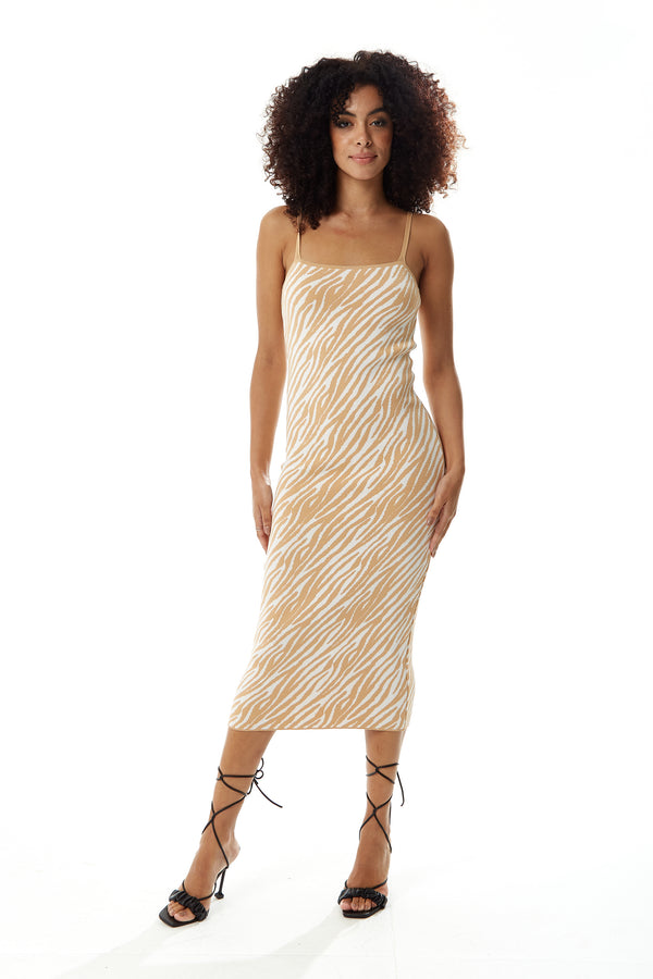 Liquorish Women’s Midi Dress In Cream And White Zebra Print With Sleeveless Design