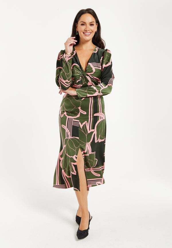 Liquorish Women's Midi Dress In Dark Green With Long Sleeves And Geometric Floral Knot Front Detail By Liquorish