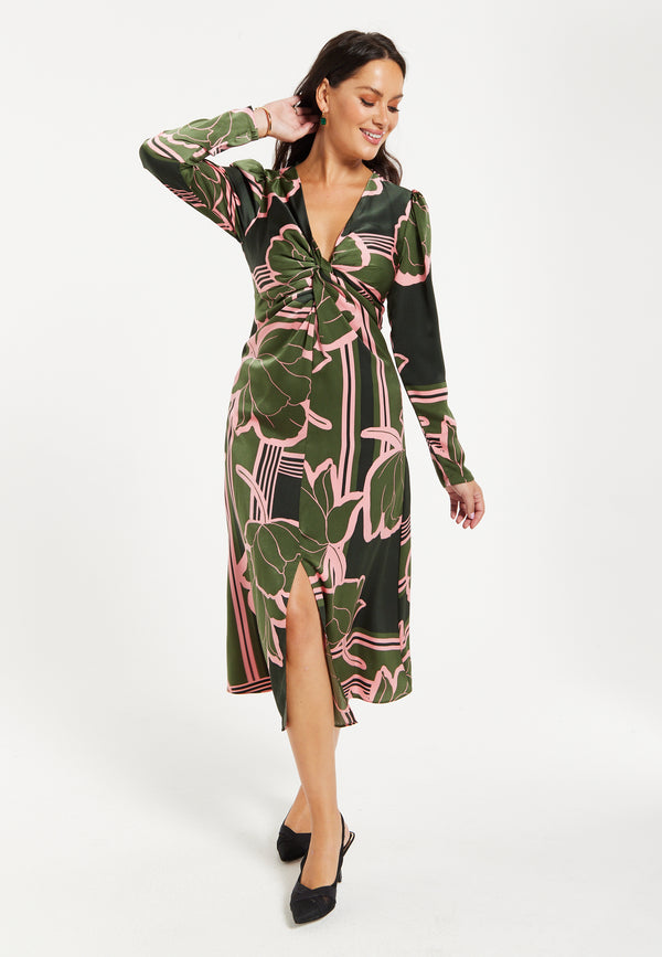 Liquorish Women's Midi Dress In Dark Green With Long Sleeves And Geometric Floral Knot Front Detail By Liquorish