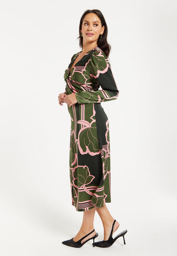 Liquorish Women's Midi Dress In Dark Green With Long Sleeves And Geometric Floral Knot Front Detail By Liquorish