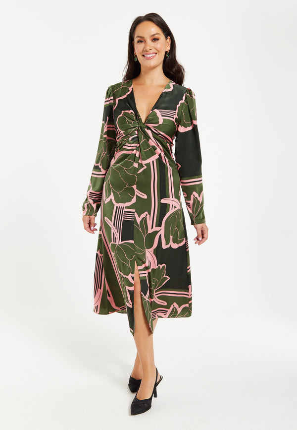 Liquorish Women's Midi Dress in Dark Green with Long Sleeves and Geometric Floral Knot Front Detail by Liquorish