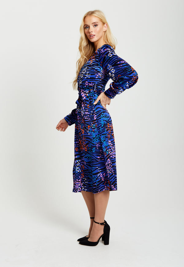 Liquorish Women's Midi Dress In Electric Blue With Long Balloon Sleeves - Vivid Zebra Print By Liquorish
