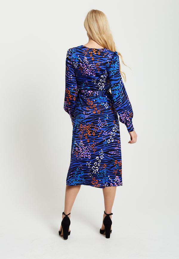 Liquorish Women's Midi Dress In Electric Blue With Long Balloon Sleeves - Vivid Zebra Print By Liquorish