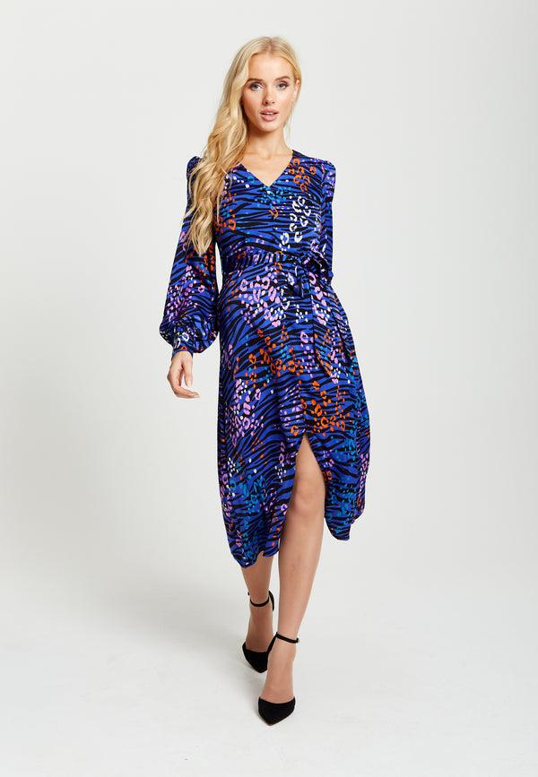 Liquorish Women's Midi Dress in Electric Blue with Long Balloon Sleeves - Vivid Zebra Print by Liquorish