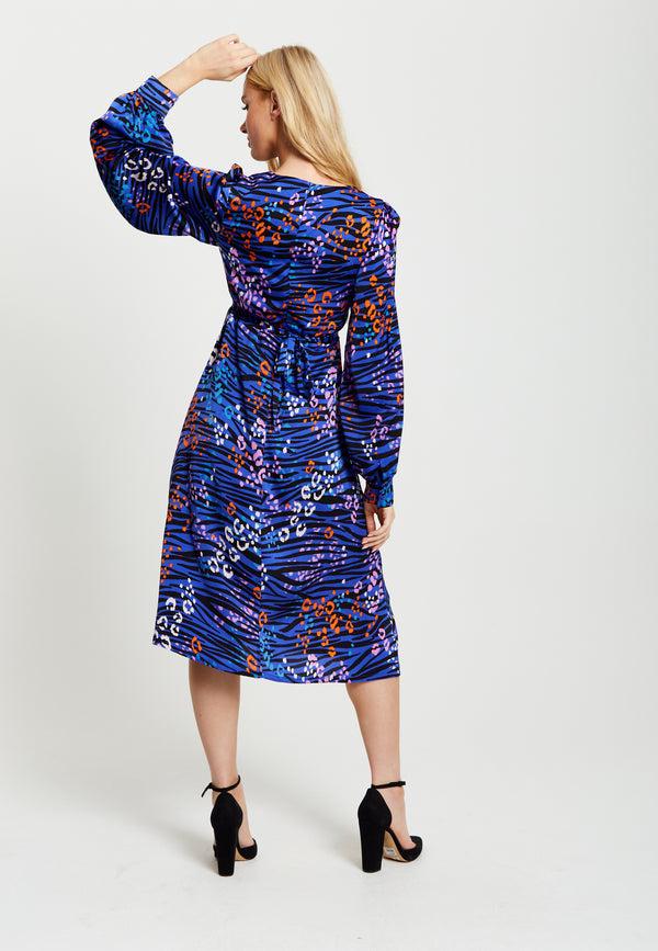 Liquorish Women's Midi Dress In Electric Blue Zebra Print With Long Balloon Sleeves - Liquorish