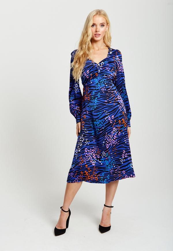 Liquorish Women's Midi Dress In Electric Blue Zebra Print With Long Balloon Sleeves - Liquorish