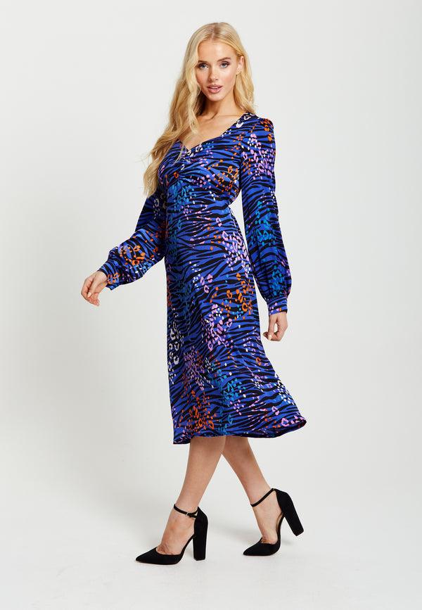 Liquorish Women's Midi Dress In Electric Blue Zebra Print With Long Balloon Sleeves - Liquorish
