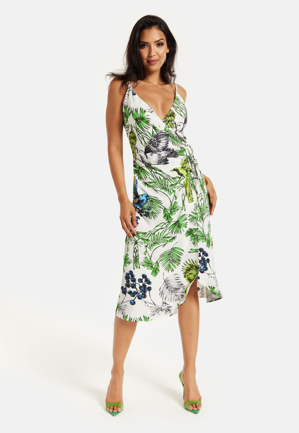 Liquorish Women's Midi Dress In Floral And Bird Print With V Neck And Tie Waist Regular Fit Short Sleeves - Liquorish