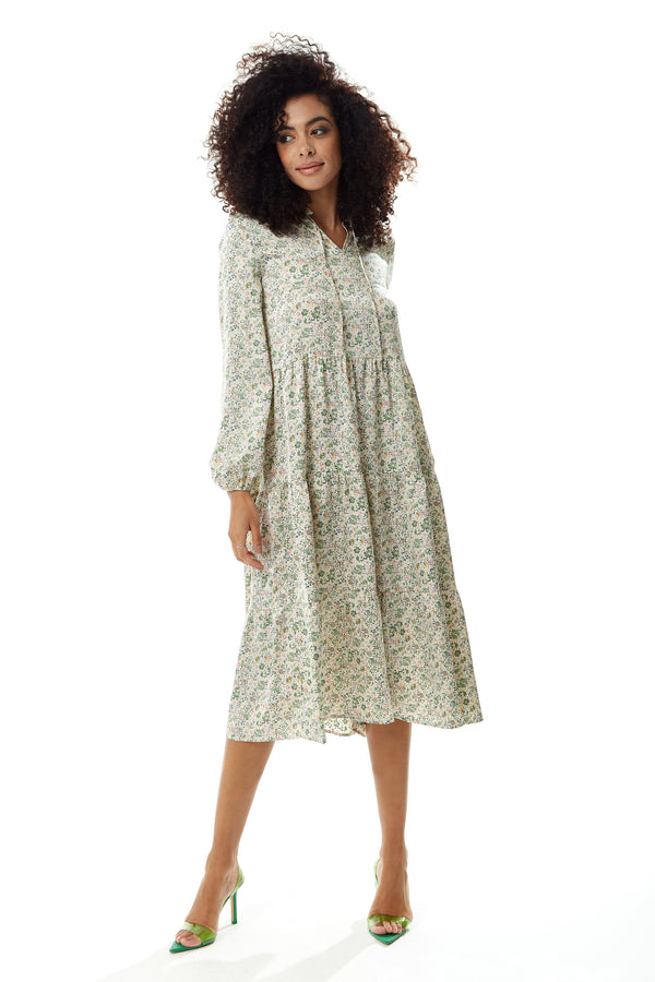 Liquorish Women's Midi Dress In Floral Print With Long Sleeves And Tie Neck - Relaxed Fit Smock Style By Liquorish