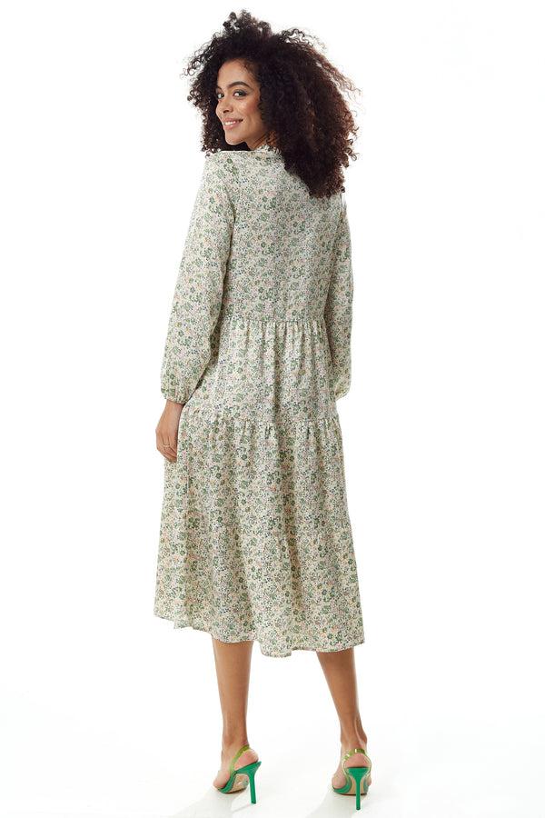 Liquorish Women's Midi Dress In Floral Print With Long Sleeves And Tie Neck - Relaxed Fit Smock Style By Liquorish