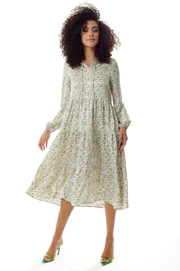 Liquorish Women's Midi Dress in Floral Print with Long Sleeves and Tie Neck - Relaxed Fit Smock Style by Liquorish