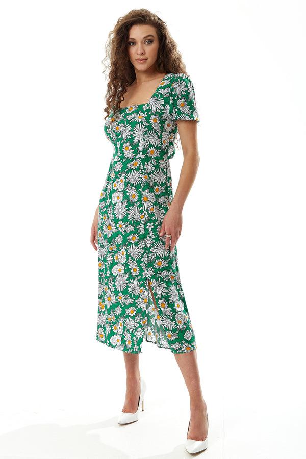 Liquorish Women's Midi Dress in Floral Print with Short Sleeves and Cut Out Back - Liquorish