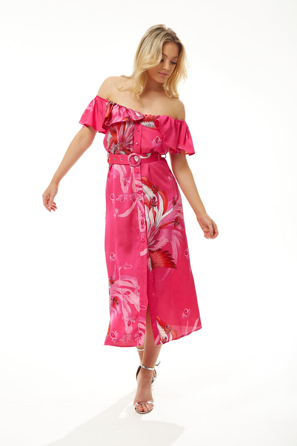 Liquorish Women's Midi Dress In Fuchsia Bird Print With Off-Shoulder Sleeves - Liquorish
