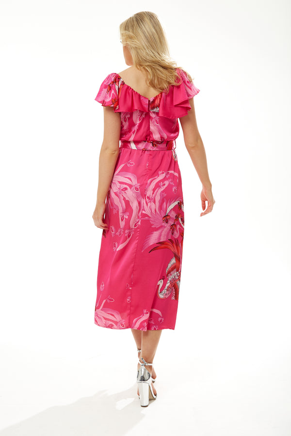 Liquorish Women's Midi Dress In Fuchsia Bird Print With Off-Shoulder Sleeves - Liquorish