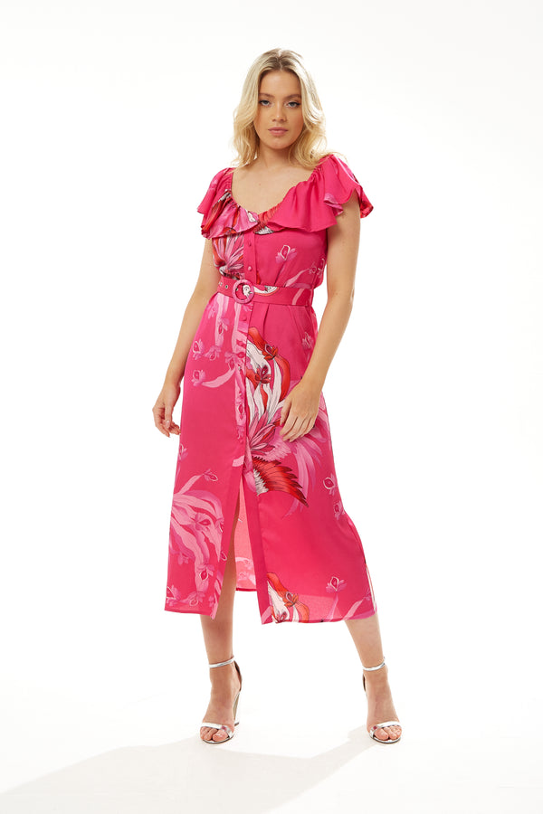 Liquorish Women's Midi Dress in Fuchsia Bird Print with Off-Shoulder Sleeves - Liquorish