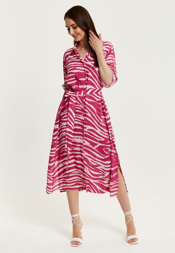 Liquorish Women's Midi Dress In Fuchsia Zebra Print With Long Sleeves - Button Up Shirt Dress With Tie Waist By Liquorish