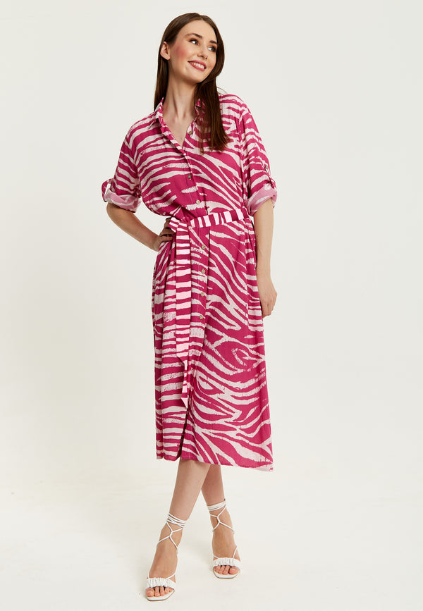 Liquorish Women's Midi Dress In Fuchsia Zebra Print With Long Sleeves - Button Up Shirt Dress With Tie Waist By Liquorish