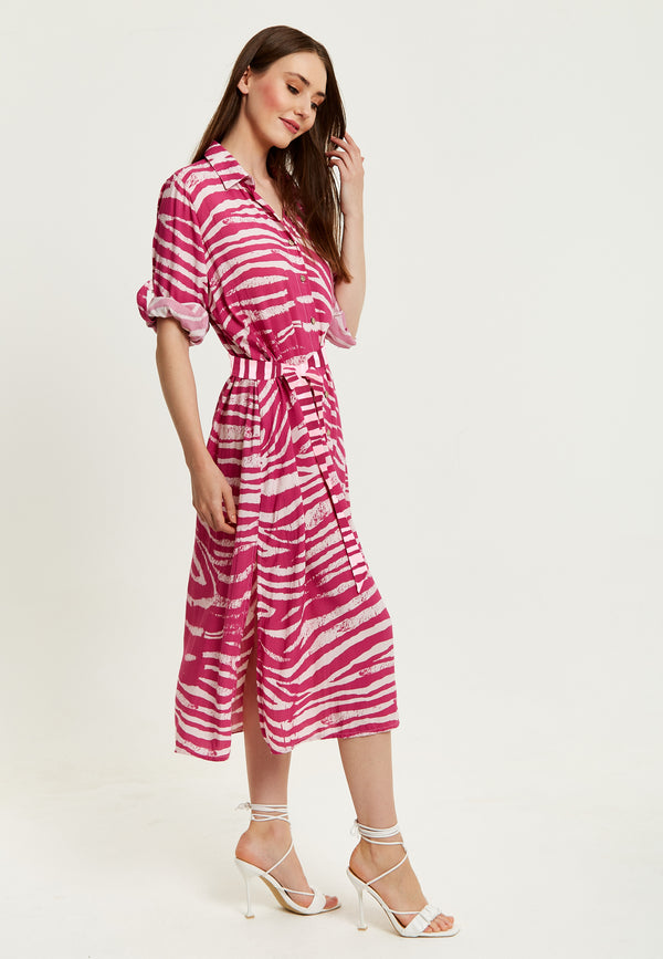 Liquorish Women's Midi Dress In Fuchsia Zebra Print With Long Sleeves - Button Up Shirt Dress With Tie Waist By Liquorish