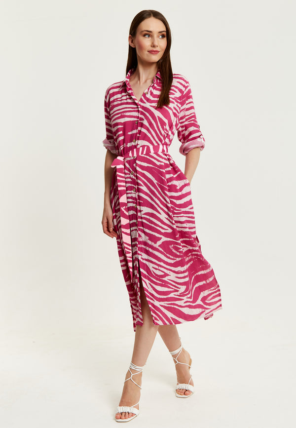 Liquorish Women's Midi Dress in Fuchsia Zebra Print with Long Sleeves - Button Up Shirt Dress with Tie Waist by Liquorish