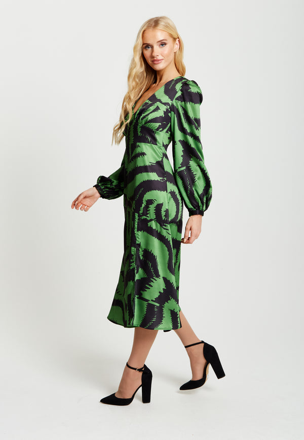 Liquorish Women's Midi Dress In Green And Black Zebra Print With Long Sleeves - Liquorish