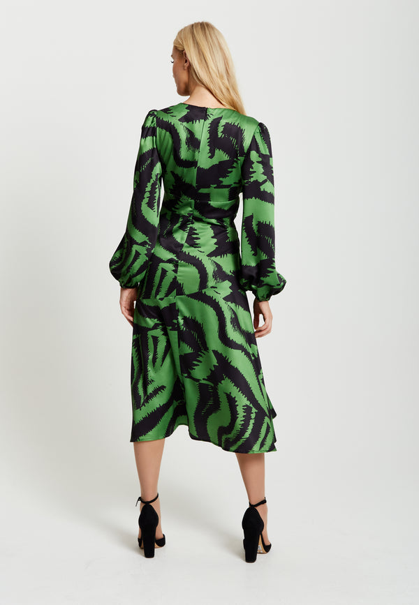 Liquorish Women's Midi Dress In Green And Black Zebra Print With Long Sleeves - Liquorish