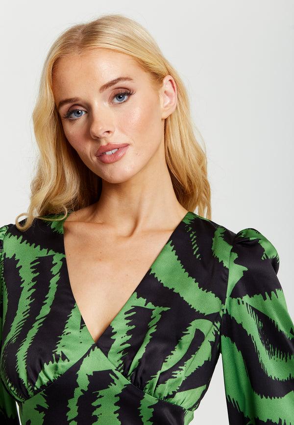 Liquorish Women's Midi Dress In Green And Black Zebra Print With Long Sleeves - Liquorish