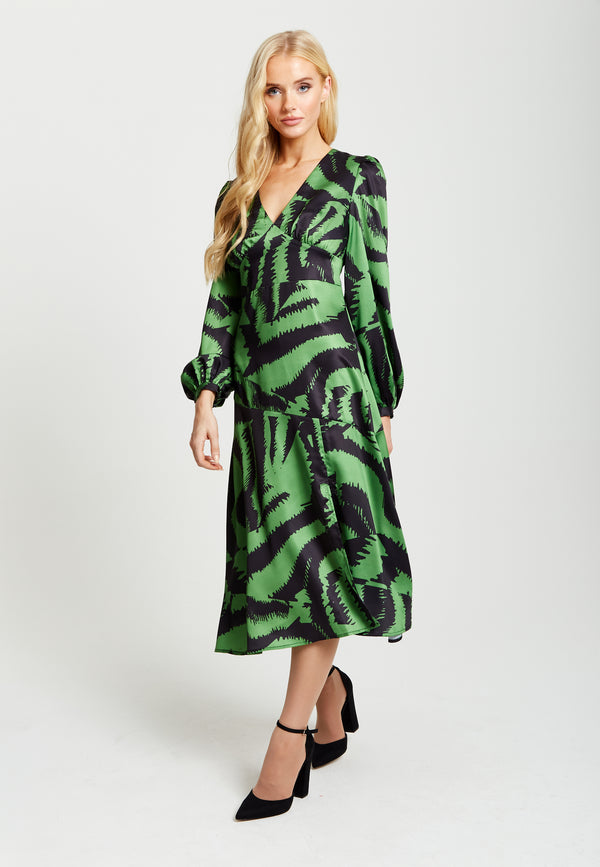 Liquorish Women's Midi Dress in Green and Black Zebra Print with Long Sleeves - Liquorish
