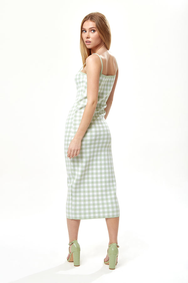 Liquorish Women's Midi Dress In Green And White Check With Sleeveless Design And Fitted Style