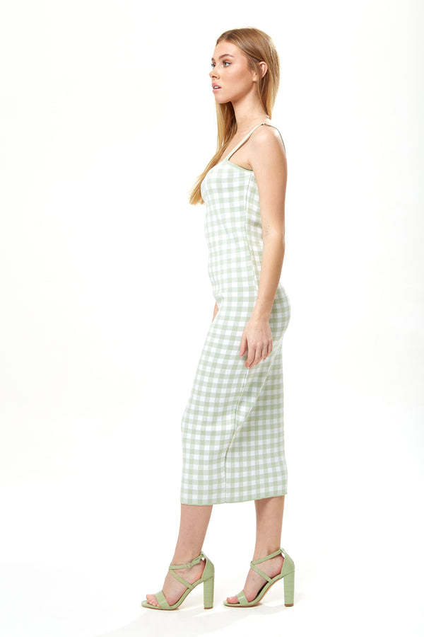 Liquorish Women's Midi Dress In Green And White Check With Sleeveless Design And Fitted Style