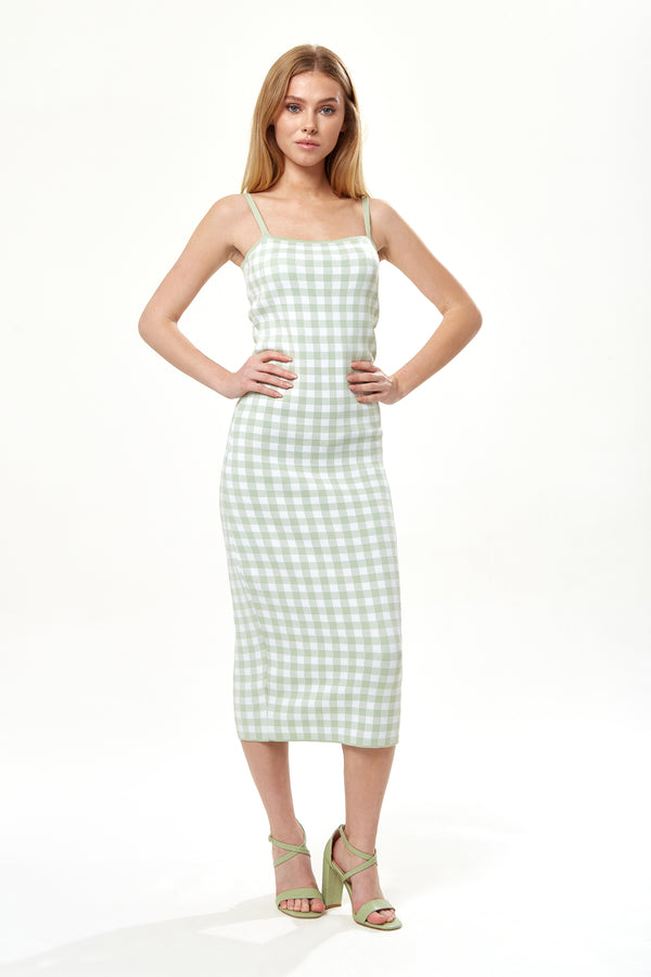 Liquorish Women's Midi Dress in Green and White Check with Sleeveless Design and Fitted Style