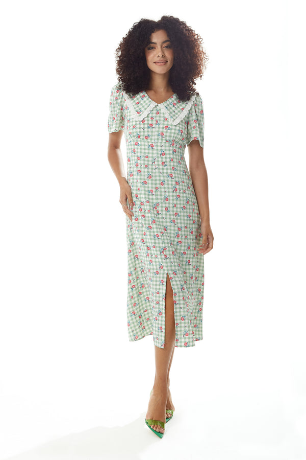 Liquorish Women's Midi Dress In Green And White Gingham With Floral Print Short Sleeves And Lace Collar - Liquorish