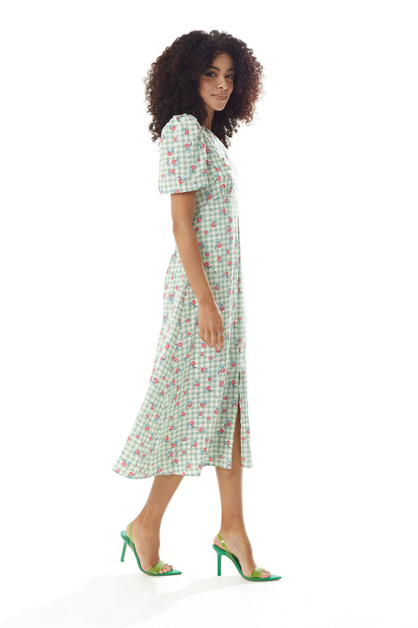 Liquorish Women's Midi Dress In Green And White Gingham With Floral Print Short Sleeves And Lace Collar - Liquorish