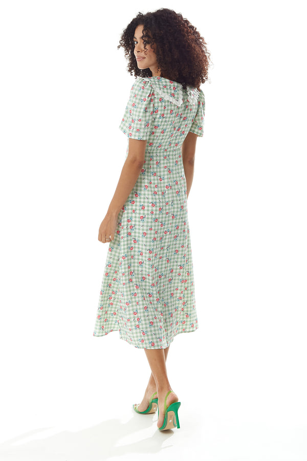 Liquorish Women's Midi Dress In Green And White Gingham With Floral Print Short Sleeves And Lace Collar - Liquorish