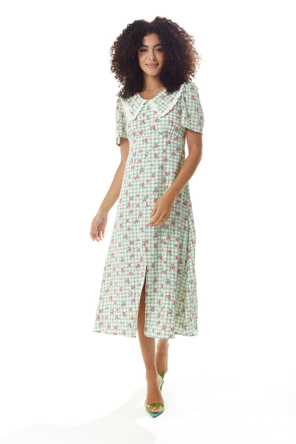 Liquorish Women's Midi Dress in Green and White Gingham with Floral Print Short Sleeves and Lace Collar - Liquorish