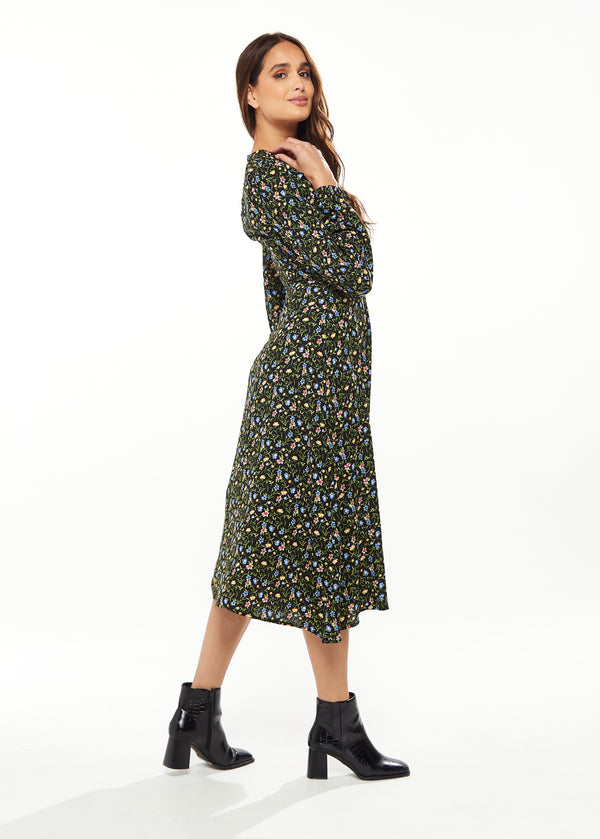 Liquorish Women's Midi Dress In Green Floral With Long Puffy Sleeves And Neck Tie Detail - Liquorish