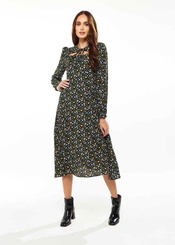 Liquorish Women's Midi Dress In Green Floral With Long Puffy Sleeves And Neck Tie Detail - Liquorish