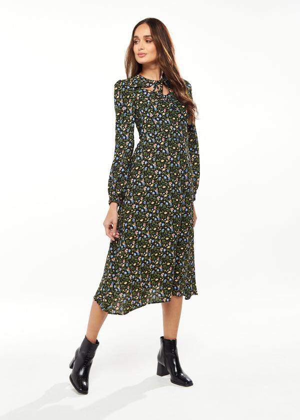 Liquorish Women's Midi Dress In Green Floral With Long Puffy Sleeves And Neck Tie Detail - Liquorish