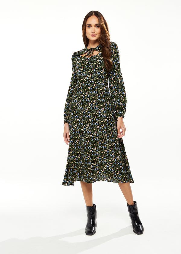 Liquorish Women's Midi Dress in Green Floral with Long Puffy Sleeves and Neck Tie Detail - Liquorish