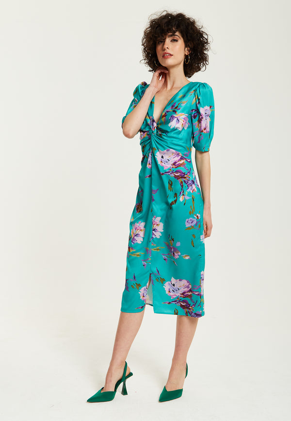 Liquorish Women's Midi Dress In Green Floral With Short Sleeves And Knot Front - Slit Detail V Neck - Perfect For Spring By Liquorish