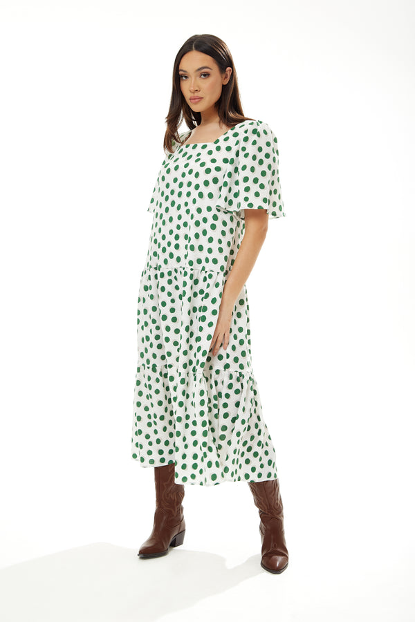 Liquorish Women's Midi Dress In Green Polka Dot With Short Sleeves - Regular Fit By Liquorish
