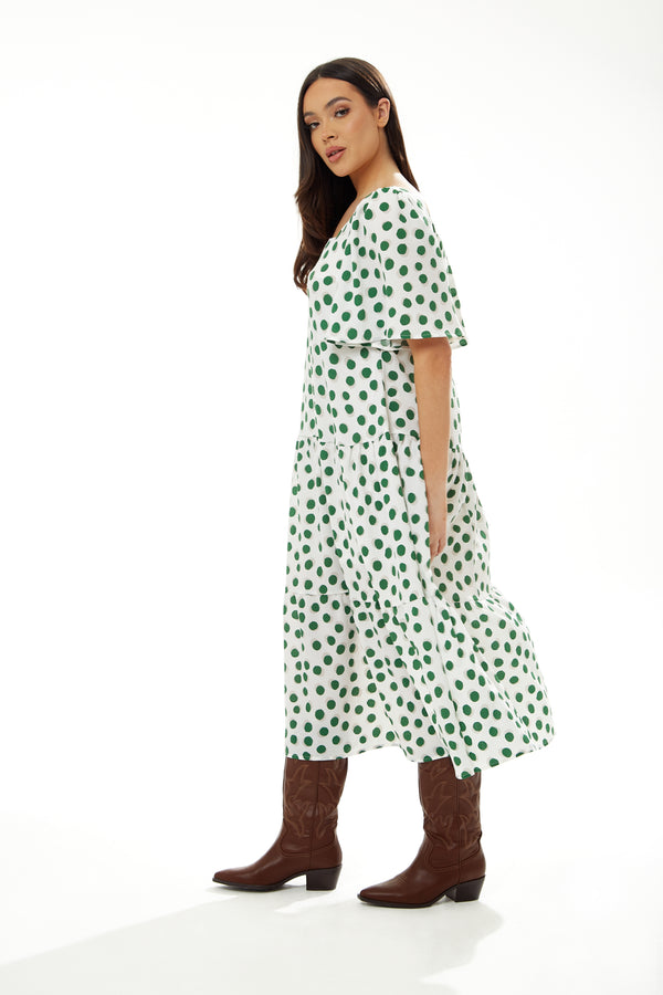 Liquorish Women's Midi Dress In Green Polka Dot With Short Sleeves - Regular Fit By Liquorish