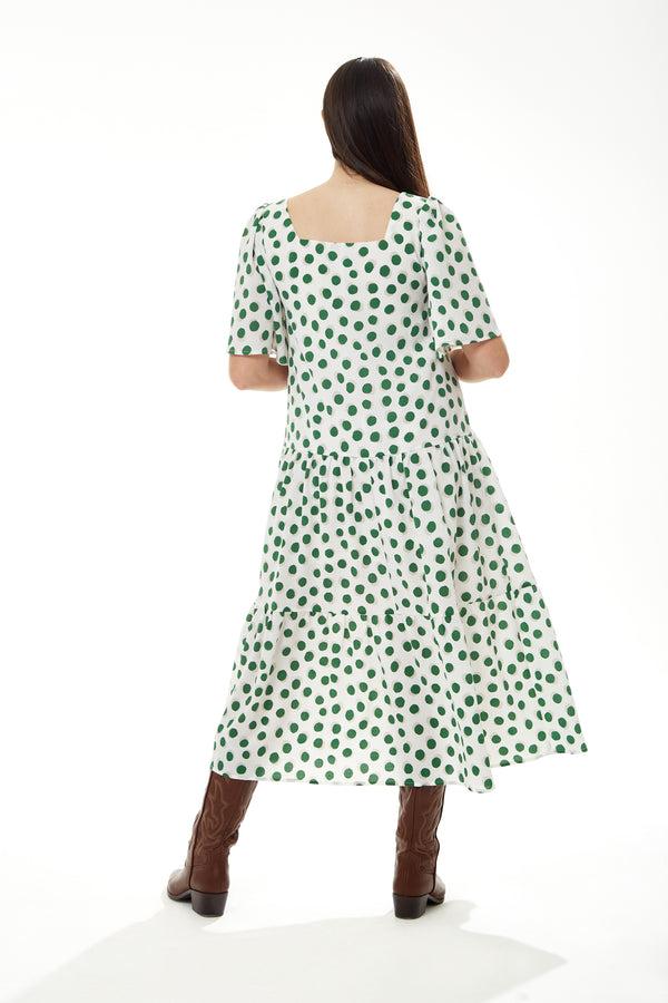 Liquorish Women's Midi Dress In Green Polka Dot With Short Sleeves - Regular Fit By Liquorish