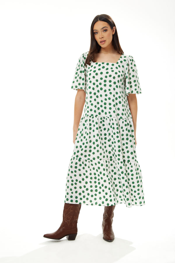Liquorish Women's Midi Dress in Green Polka Dot with Short Sleeves - Regular Fit by Liquorish
