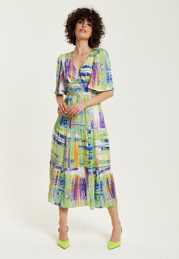 Liquorish Women's Midi Dress In Green With Short Kimono Sleeves And V Neck - Abstract Print By Liquorish