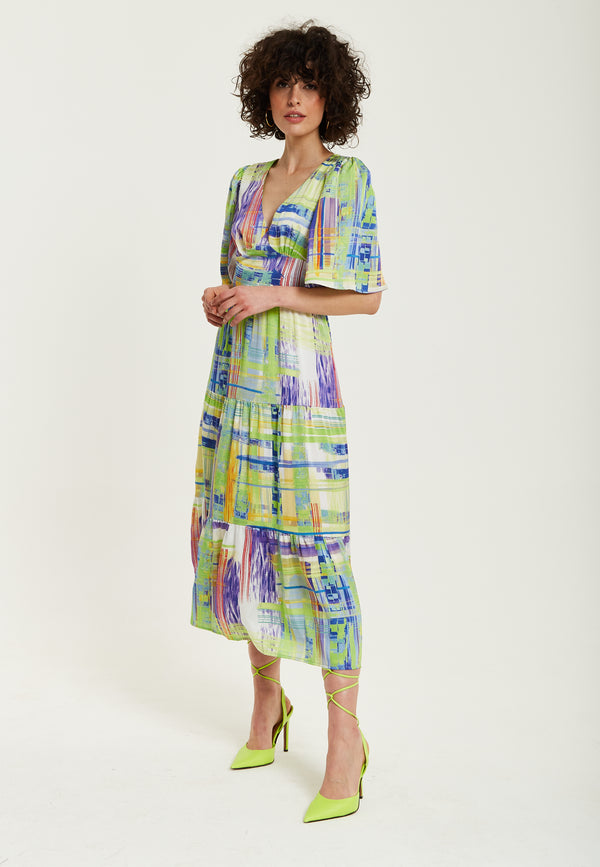 Liquorish Women's Midi Dress In Green With Short Kimono Sleeves And V Neck - Abstract Print By Liquorish