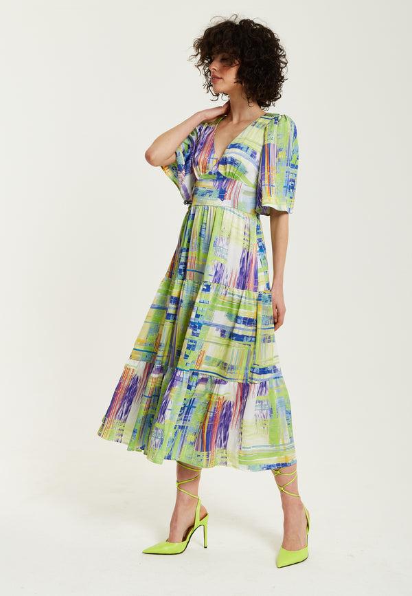 Liquorish Women's Midi Dress In Green With Short Kimono Sleeves And V Neck - Abstract Print By Liquorish