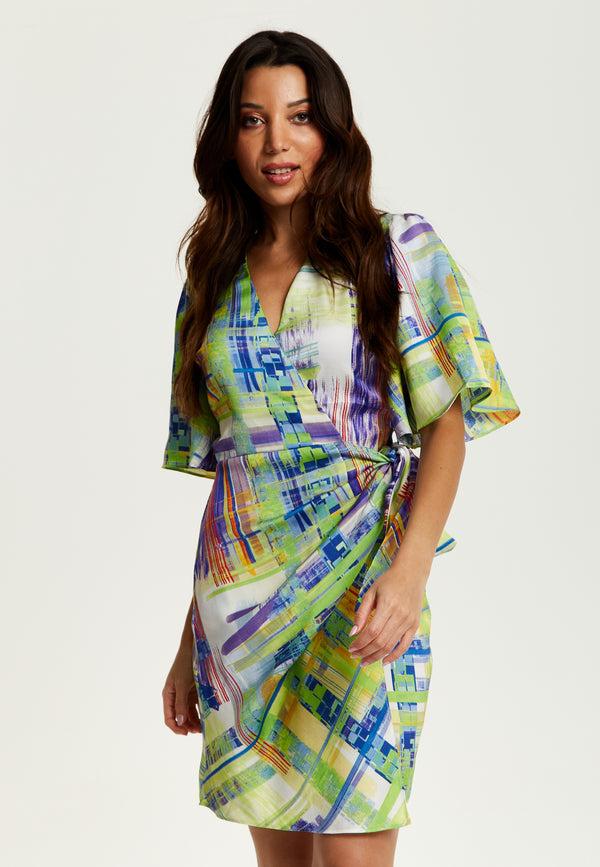 Liquorish Women's Midi Dress In Green With Short Kimono Sleeves Featuring Abstract Print - Liquorish