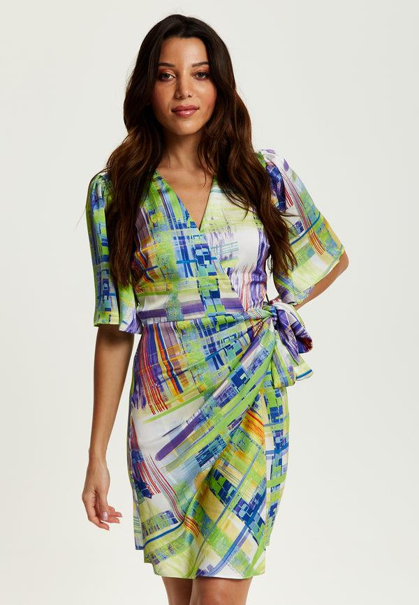 Liquorish Women's Midi Dress In Green With Short Kimono Sleeves Featuring Abstract Print - Liquorish